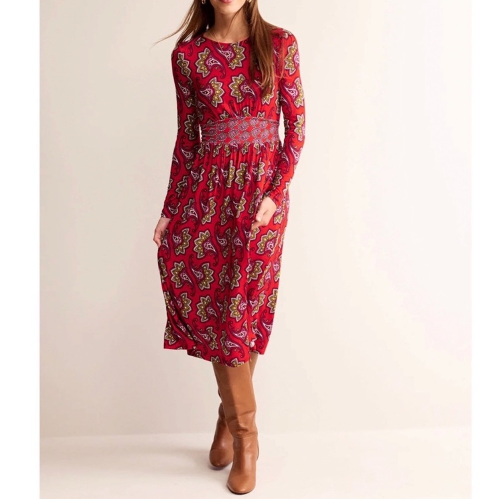 Women’s Boden Thea Long Sleeve Paisley Print Midi Dress Red Size 10R